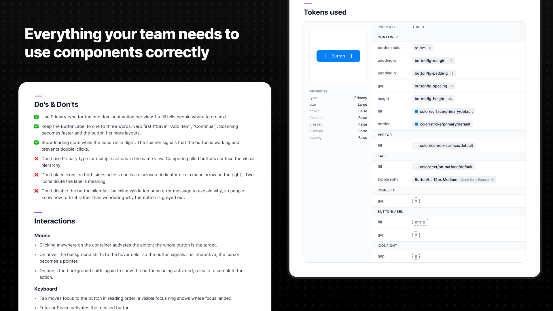 Do's and don'ts, interactions and token tables generated by the plugin