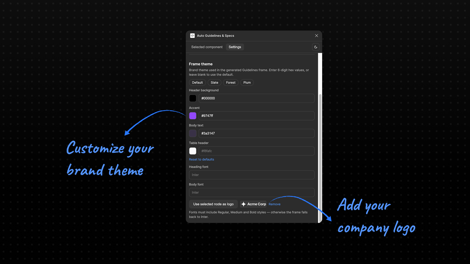 Frame theme settings with brand colors, fonts and company logo